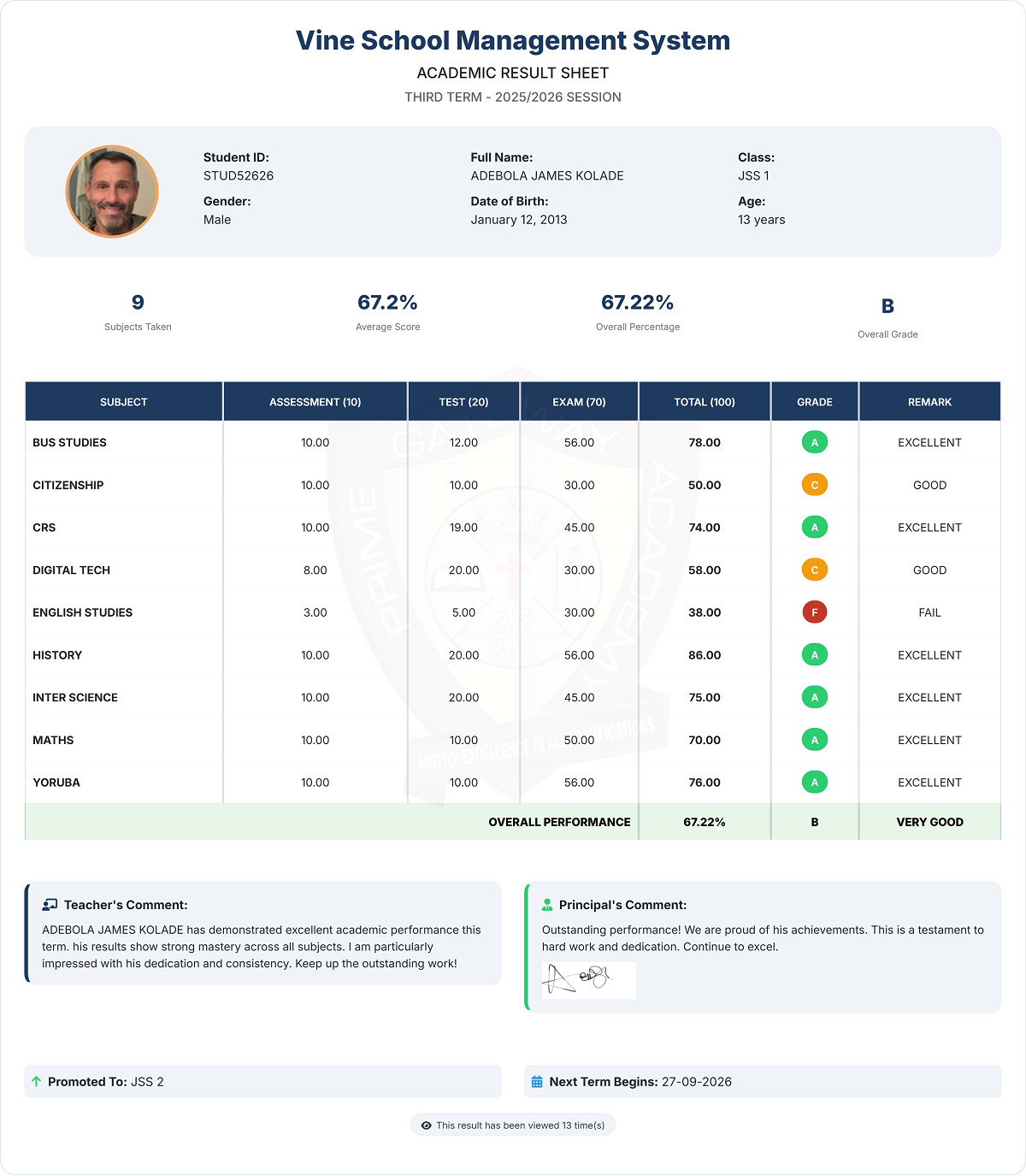 Sample Academic Result Sheet - Quillfy AI Result Management System